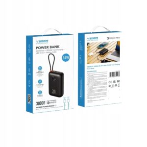 VEGER powerbank 30000 mAh z wbudowanymi kablami Typ C i Lightning czarny