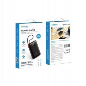 VEGER powerbank 20000 mAh z wbudowanymi kablami Typ C i Lightning czarny