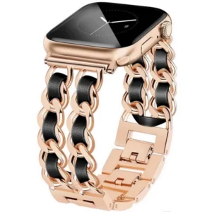 Bransoleta Glow CNL Stainless Steel Leather Band ozdobny pasek do Apple Watch 4/5/6/7/8/9/10/11/12/SE 1/2/3 40/41/42mm (Rose Gold / Różowe złoto/ Czarny)