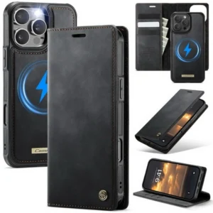 Etui CaseMe Flip Wallet Case obudowa z magnetyczną klapką skórzana zamykana portfel z miejscem na karty do iPhone 16 Pro Max (Czarny)