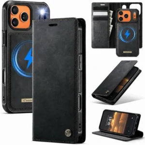 Etui CaseMe Flip Wallet Case obudowa z magnetyczną klapką skórzana zamykana portfel z miejscem na karty do iPhone 17 Pro/18 Pro (Czarny)