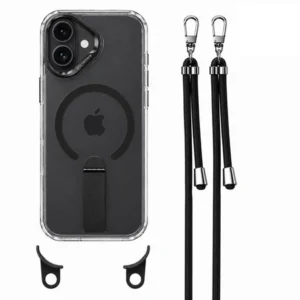 Etui Crossbody Hybrid Crystal MagSafe Stand na sznurku z demontowalnym paskiem i stojakiem na ramię smycz na szyję do iPhone 16 (Black / Czarny)