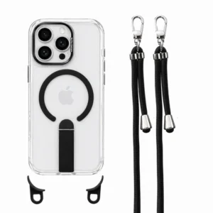 Etui  Crossbody Hybrid Crystal MagSafe Stand na sznurku z demontowalnym paskiem i stojakiem na ramię smycz na szyję do iPhone 16 Pro Max (Black / Czarny)