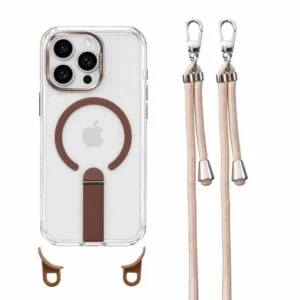 Etui  Crossbody Hybrid Crystal MagSafe Stand na sznurku z demontowalnym paskiem i stojakiem na ramię smycz na szyję do iPhone 16 Pro Max (Brązowy/ Beżowy)