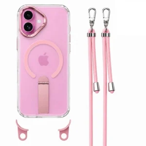 Etui Crossbody Hybrid Crystal MagSafe Stand na sznurku z demontowalnym paskiem i stojakiem na ramię smycz na szyję do iPhone 17 (Pink/ Różowy)