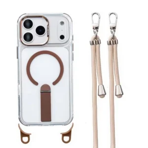 Etui  Crossbody Hybrid Crystal MagSafe Stand na sznurku z demontowalnym paskiem i stojakiem na ramię smycz na szyję do iPhone 17 Pro Max/18 Pro Max (Brązowy)