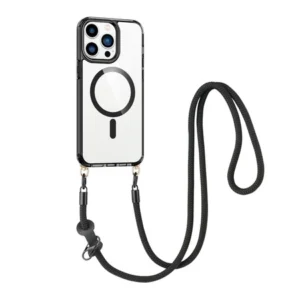 Etui  Crossbody T-Crystal Magsafe na sznurku z demontowalnym paskiem na ramię smycz na szyję do iPhone 16 Pro (Czarny)