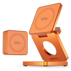 Ładowarka indukcyjna 25W Qi2 MagSafe Fold Wireless Charger szybka bezprzewodowa magnetyczna składana stacja 3w1 do ładowania Apple Watch / iPhone / AirPods (Cosmic Orange / Pomarańczowy)