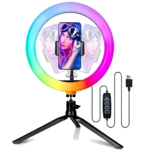 Lampa Pierścieniowa 15W RGB LED Ring Fill Light 10" 26 cm kolorowa + mini statyw tripod na biurko uchwyt do telefonu Selfie Vlog