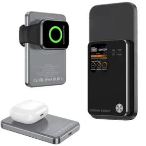 Powerbank D-Pro 20W PD Qi2 LCD TFT MagSafe 3w1 indukcyjny magnetyczny szybkie bezprzewodowe ładowanie iPhone AirPods Apple Watch 10000mAh (Czarny)