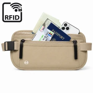 Saszetka RFID Block Travel Money Belt etui antykradzieżowe dyskretne nerka na biodro pod ubranie na pieniądze karty dokumenty telefon (Beżowy)
