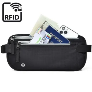 Saszetka RFID Block Travel Money Belt etui antykradzieżowe dyskretne nerka na biodro pod ubranie na pieniądze karty dokumenty telefon (Czarny)