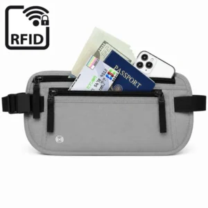 Saszetka RFID Block Travel Money Belt etui antykradzieżowe dyskretne nerka na biodro pod ubranie na pieniądze karty dokumenty telefon (Szary)