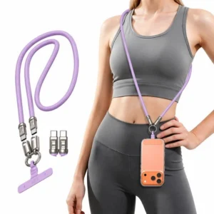 Smycz D-Pro Crossbody 2w1 z wbudowanym kablem 2x USB-C PD 240W do szybkiego ładowania pasek sznurek na ramię szyję wkładka do etui telefonu (Purple / Filoetowy)