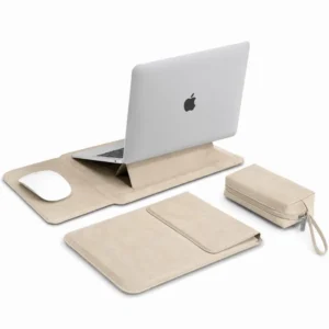 Torba SuedePad pokrowiec z funkcją podstawki podkładki pod mysz + etui na ładowarkę do laptopów HP Dell Lenovo MacBook Air/Pro/Neo 13/14 (Beżowy)