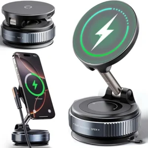 Uchwyt próżniowy D-Pro VM7S Magnetic Vacuum Wireless Charging 15W z ładowarką indukcyjną z przyssawką samochodowy do auta na kokpit szybę do telefonu iPhone MagSafe (Czarny)